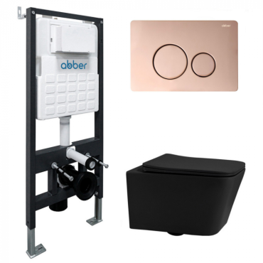 Комплект подвесной унитаз Abber Rechteck AC1201MB черный матовый с инсталляцией AC0105 и кнопкой AC0121RG золото розовое AC1201MB-AC0105-AC0121RG