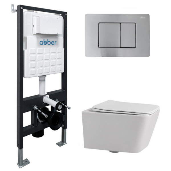 Комплект подвесной унитаз Abber Rechteck AC1201 белый с инсталляцией AC0105 и кнопкой AC0120MCH матовый хром AC1201-AC0105-AC0120MCH