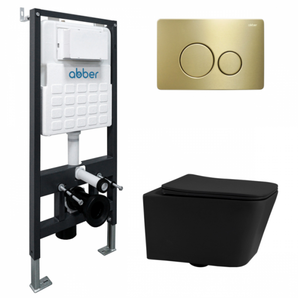 Комплект подвесной унитаз Abber Rechteck AC1201MB черный матовый с инсталляцией AC0105 и кнопкой AC0121MMG золото матовое AC1201MB-AC0105-AC0121MMG