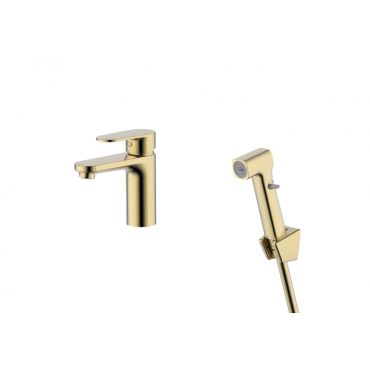 Смеситель для раковины с гигиеническим ручным душем AQUATEK Ника AQ1812BG золото шлифованное