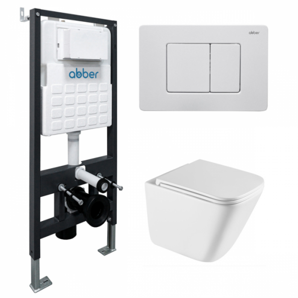 Комплект подвесной унитаз Abber Rechteck AC1219TC белый с инсталляцией AC0105 и кнопкой AC0120MW белая матовая AC1219TC-AC0105-AC0120MW