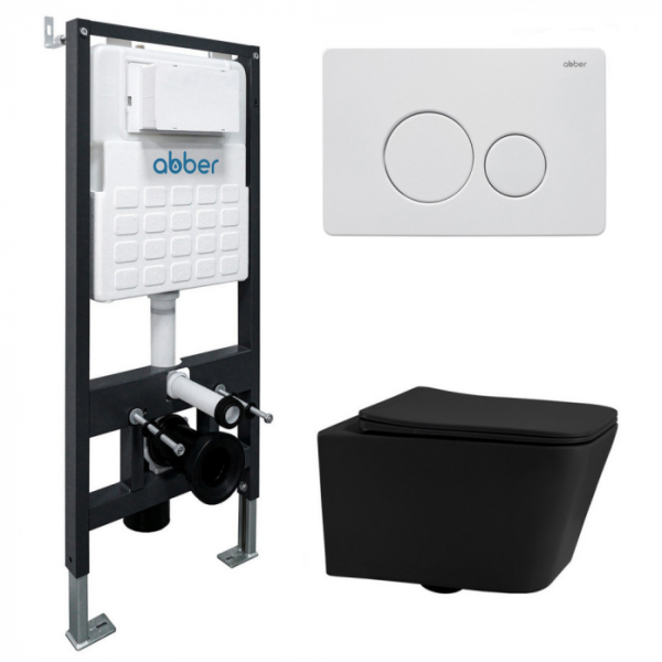 Комплект подвесной унитаз Abber Rechteck AC1201MB черный матовый с инсталляцией AC0105 и кнопкой AC0121MW белая матовая AC1201MB-AC0105-AC0121MW