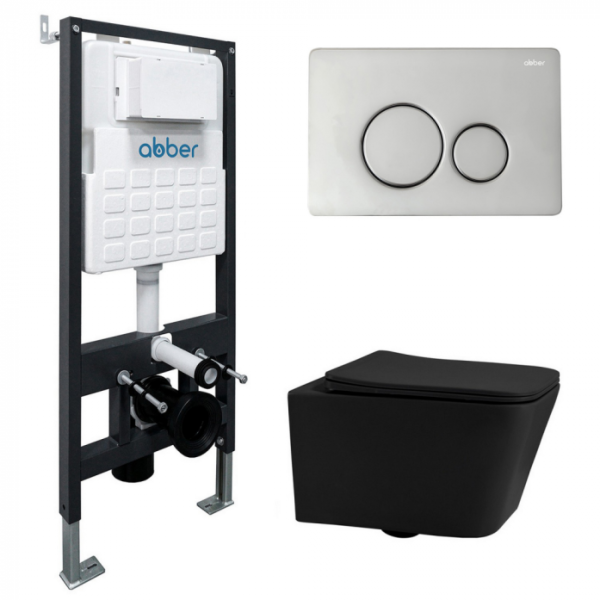Комплект подвесной унитаз Abber Rechteck AC1201MB черный матовый с инсталляцией AC0105 и кнопкой AC0121 хром AC1201MB-AC0105-AC0121