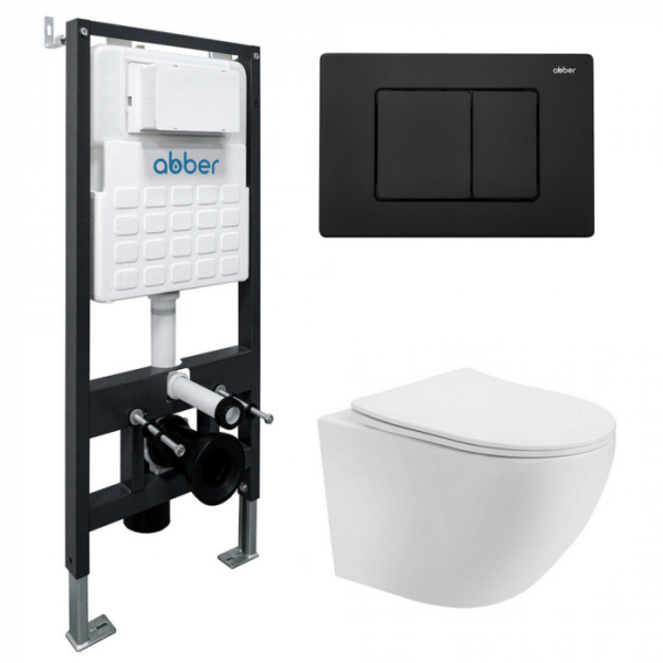 Комплект подвесной унитаз Abber Bequem AC1100T белый с инсталляцией AC0105 и кнопкой AC0120MB черный матовый AC1100T-AC0105-AC0120MB