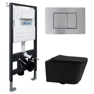 Комплект подвесной унитаз Abber Rechteck AC1201MB черный матовый с инсталляцией AC0105 и кнопкой AC0120MCH матовый хром AC1201MB-AC0105-AC0120MCH