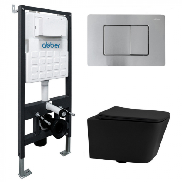 Комплект подвесной унитаз Abber Rechteck AC1201MB черный матовый с инсталляцией AC0105 и кнопкой AC0120MCH матовый хром AC1201MB-AC0105-AC0120MCH