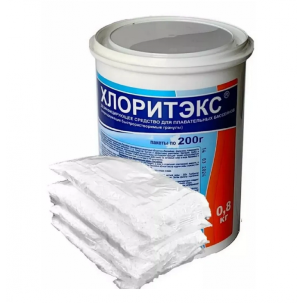 Средство для дезинфекции воды Маркопул Кемиклс Хлоритэкс 0,8 кг (гранулы в пакетах по 200 г) банка 56