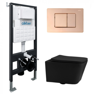 Комплект подвесной унитаз Abber Rechteck AC1201MB черный матовый с инсталляцией AC0105 и кнопкой AC0120RG золото розовое AC1201MB-AC0105-AC0120RG