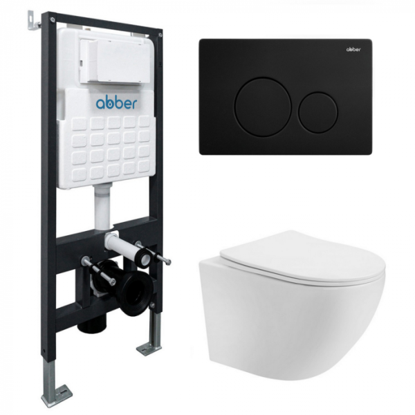 Комплект подвесной унитаз Abber Bequem AC1100T белый с инсталляцией AC0105 и кнопкой AC0121MB черный матовый AC1100T-AC0105-AC0121MB