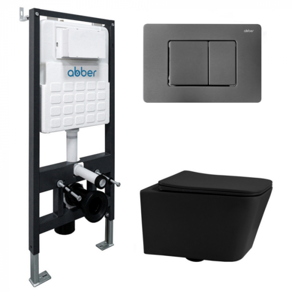 Комплект подвесной унитаз Abber Rechteck AC1201MB черный матовый с инсталляцией AC0105 и кнопкой AC0120NG никель AC1201MB-AC0105-AC0120NG