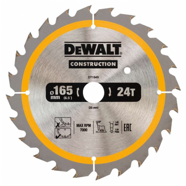 Пильный диск DeWalt CONSTRUCT 165х20 мм 24 ATB DT1949-QZ