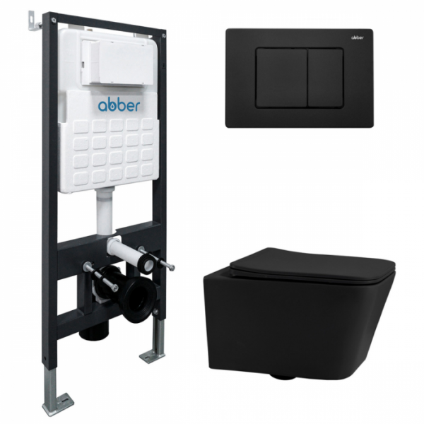 Комплект подвесной унитаз Abber Rechteck AC1201MB черный матовый с инсталляцией AC0105 и кнопкой AC0120MB черный матовый AC1201MB-AC0105-AC0120MB
