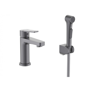 Смеситель для раковины с гигиеническим ручным душем AQUATEK Лугано AQ1712BGM оружейная сталь