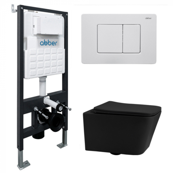 Комплект подвесной унитаз Abber Rechteck AC1201MB черный матовый с инсталляцией AC0105 и кнопкой AC0120MW белая матовая AC1201MB-AC0105-AC0120MW