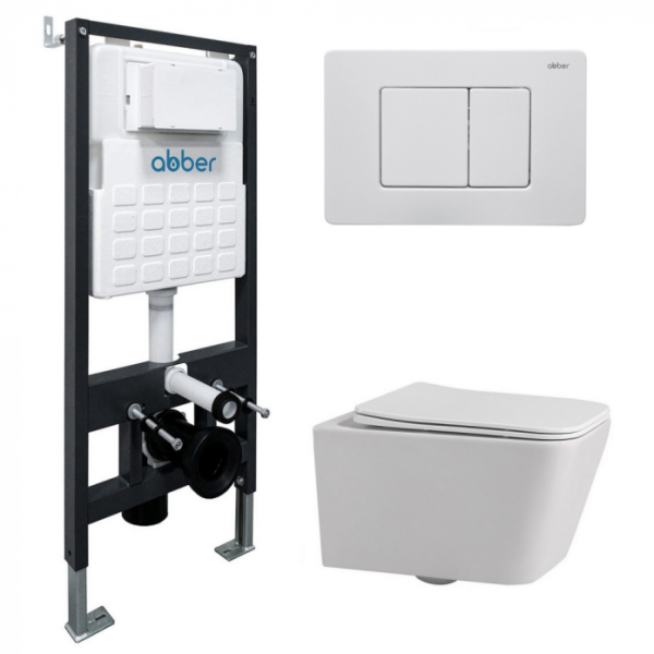 Комплект подвесной унитаз Abber Rechteck AC1201 белый с инсталляцией AC0105 и кнопкой AC0120MW белая матовая AC1201-AC0105-AC0120MW