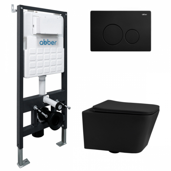 Комплект подвесной унитаз Abber Rechteck AC1201MB черный матовый с инсталляцией AC0105 и кнопкой AC0121MB черный матовый AC1201MB-AC0105-AC0121MB