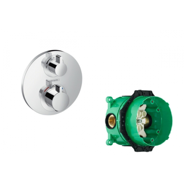 Термостат с запорным вентилем Hansgrohe Ecostat S 15757000S (15757000+01800180) хром