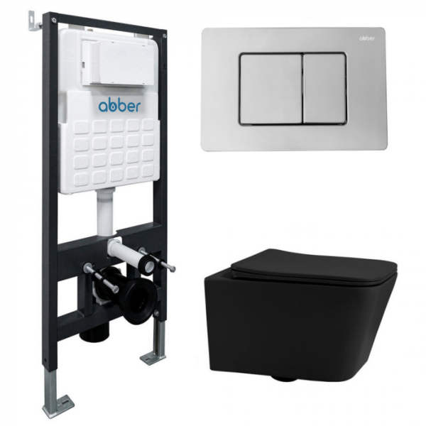 Комплект подвесной унитаз Abber Rechteck AC1201MB черный матовый с инсталляцией AC0105 и кнопкой AC0120 хром AC1201MB-AC0105-AC0120