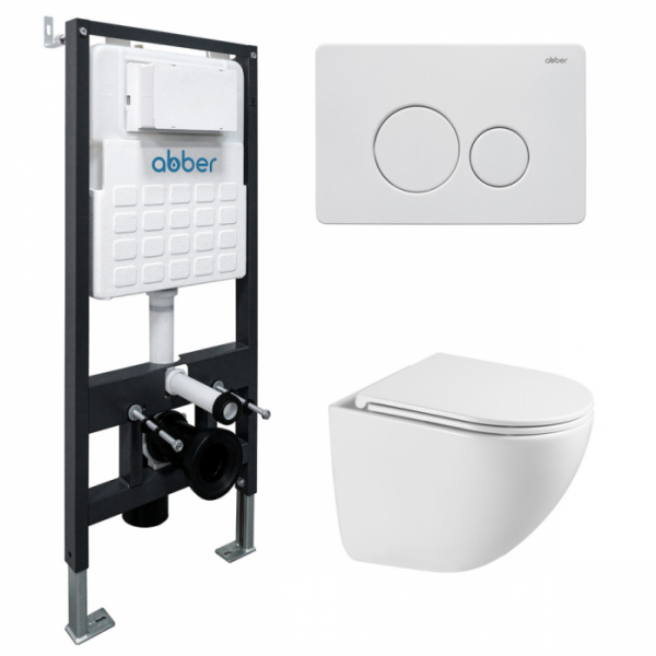 Комплект подвесной унитаз Abber Bequem AC1131TC белый с инсталляцией AC0105 и кнопкой AC0121MW белая матовая AC1131TC-AC0105-AC0121MW