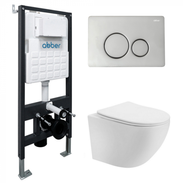 Комплект подвесной унитаз Abber Bequem AC1100T белый с инсталляцией AC0105 и кнопкой AC0121 хром AC1100T-AC0105-AC0121