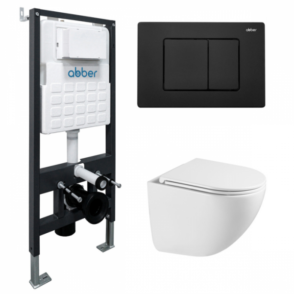 Комплект подвесной унитаз Abber Bequem AC1131TC белый с инсталляцией AC0105 и кнопкой AC0120MB черный матовый AC1131TC-AC0105-AC0120MB