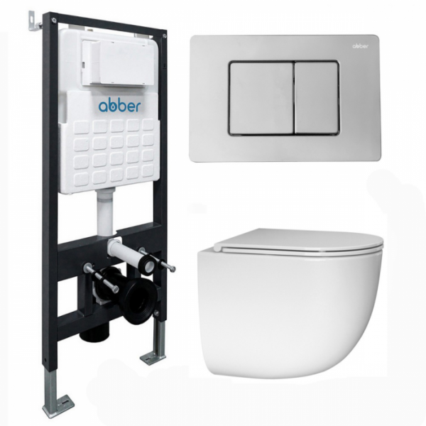 Комплект подвесной унитаз Abber Bequem AC1132TC белый с инсталляцией AC0105 и кнопкой AC0120 хром глянцевый AC1132TC-AC0105-AC0120