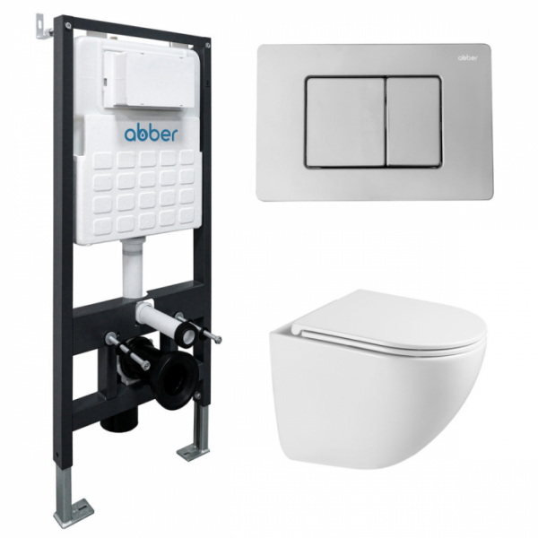 Комплект подвесной унитаз Abber Bequem AC1131TC белый с инсталляцией AC0105 и кнопкой AC0120 хром глянцевый AC1131TC-AC0105-AC0120