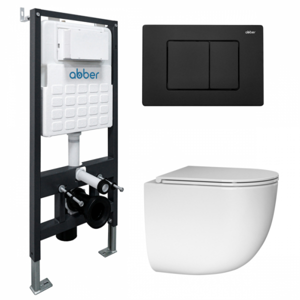 Комплект подвесной унитаз Abber Bequem AC1132TC белый с инсталляцией AC0105 и кнопкой AC0120MB черный матовый AC1132TC-AC0105-AC0120MB