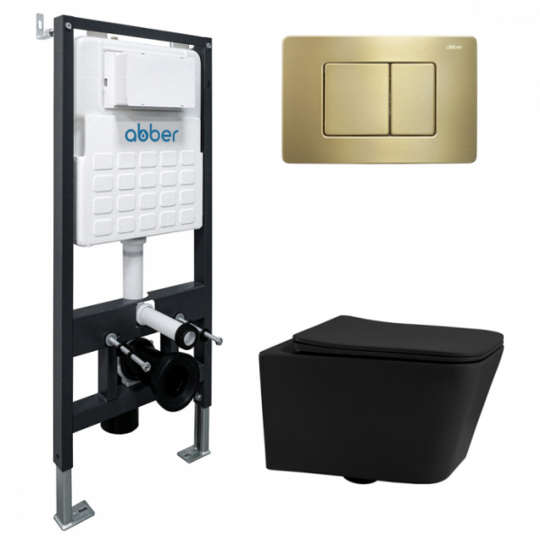 Комплект подвесной унитаз Abber Rechteck AC1201MB черный матовый с инсталляцией AC0105 и кнопкой AC0120MMG золото матовое AC1201MB-AC0105-AC0120MMG