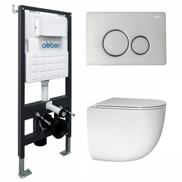 Комплект подвесной унитаз Abber Bequem AC1132TC белый с инсталляцией AC0105 и кнопкой AC0121 хром глянцевый AC1132TC-AC0105-AC0121