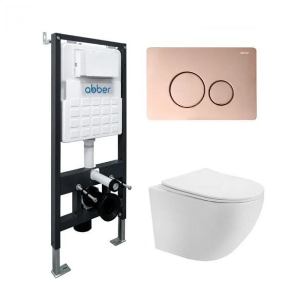 Комплект подвесной унитаз Abber Bequem AC1100T белый с инсталляцией AC0105 и кнопкой AC0121RG золото розовое AC1100T-AC0105-AC0121RG