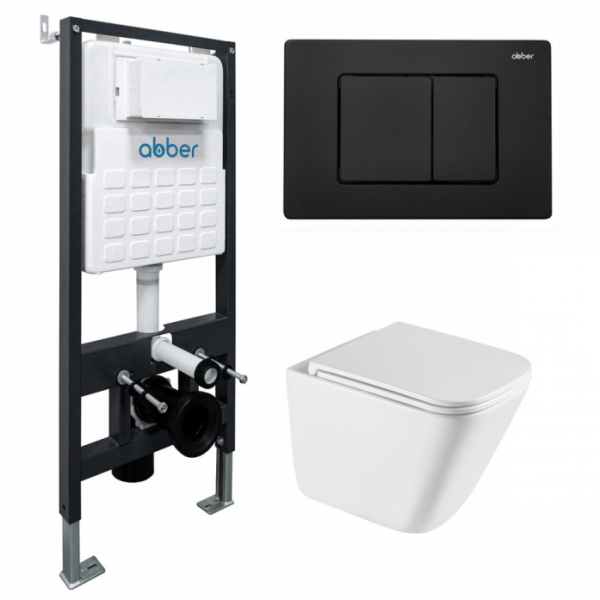Комплект подвесной унитаз Abber Rechteck AC1219TC белый с инсталляцией AC0105 и кнопкой AC0120MB черный матовый AC1219TC-AC0105-AC0120MB