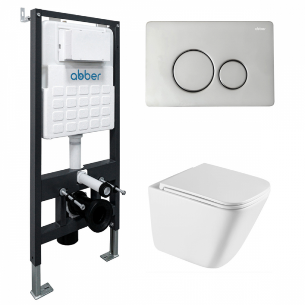 Комплект подвесной унитаз Abber Rechteck AC1219TC белый с инсталляцией AC0105 и кнопкой AC0121 хром глянцевый AC1219TC-AC0105-AC0121