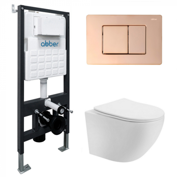 Комплект подвесной унитаз Abber Bequem AC1100T белый с инсталляцией AC0105 и кнопкой AC0120RG золото розовое AC1100T-AC0105-AC0120RG