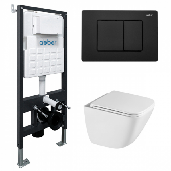 Комплект подвесной унитаз Abber Rechteck AC1220TC белый с инсталляцией AC0105 и кнопкой AC0120MB черный матовый AC1220TC-AC0105-AC0120MB