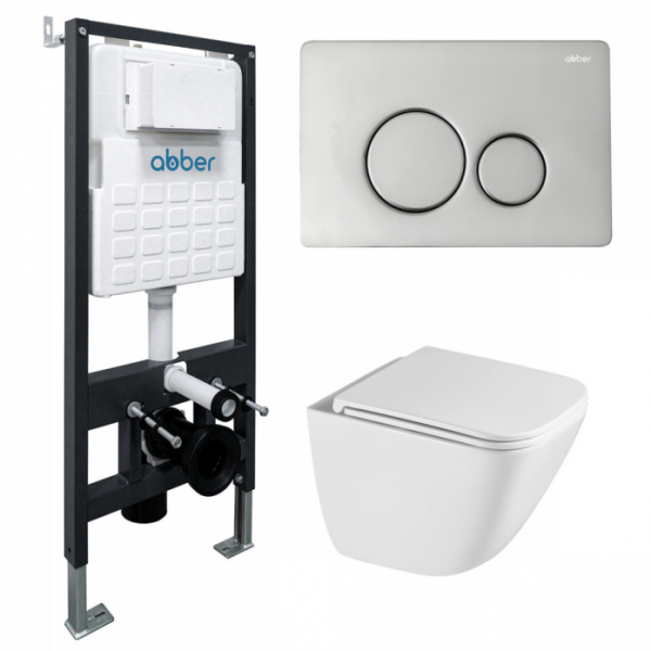 Комплект подвесной унитаз Abber Rechteck AC1220TC белый с инсталляцией AC0105 и кнопкой AC0121 хром глянцевый AC1220TC-AC0105-AC0121