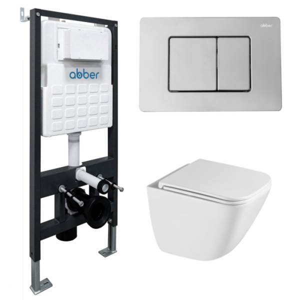 Комплект подвесной унитаз Abber Rechteck AC1220TC белый с инсталляцией AC0105 и кнопкой AC0120 хром глянцевый AC1220TC-AC0105-AC0120