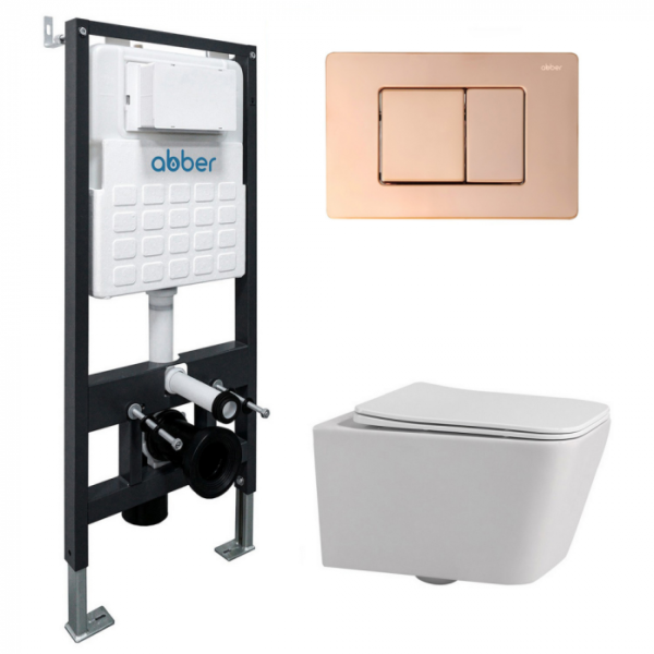 Комплект подвесной унитаз Abber Rechteck AC1201 белый с инсталляцией AC0105 и кнопкой AC0120RG золото розовое AC1201-AC0105-AC0120RG