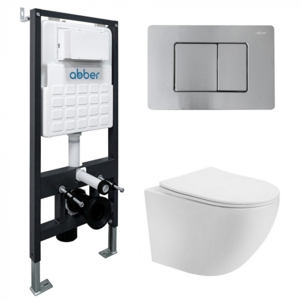 Комплект подвесной унитаз Abber Bequem AC1100T белый с инсталляцией AC0105 и кнопкой AC0120MCH матовый хром AC1100T-AC0105-AC0120MCH