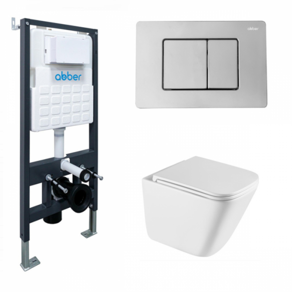 Комплект подвесной унитаз Abber Rechteck AC1219TC белый с инсталляцией AC0105 и кнопкой AC0120 хром глянцевый AC1219TC-AC0105-AC0120