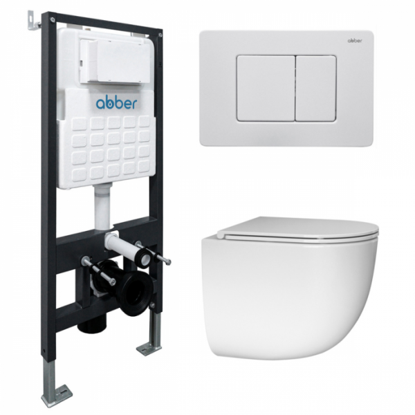 Комплект подвесной унитаз Abber Bequem AC1132TC белый с инсталляцией AC0105 и кнопкой AC0120MW белая матовая AC1132TC-AC0105-AC0120MW